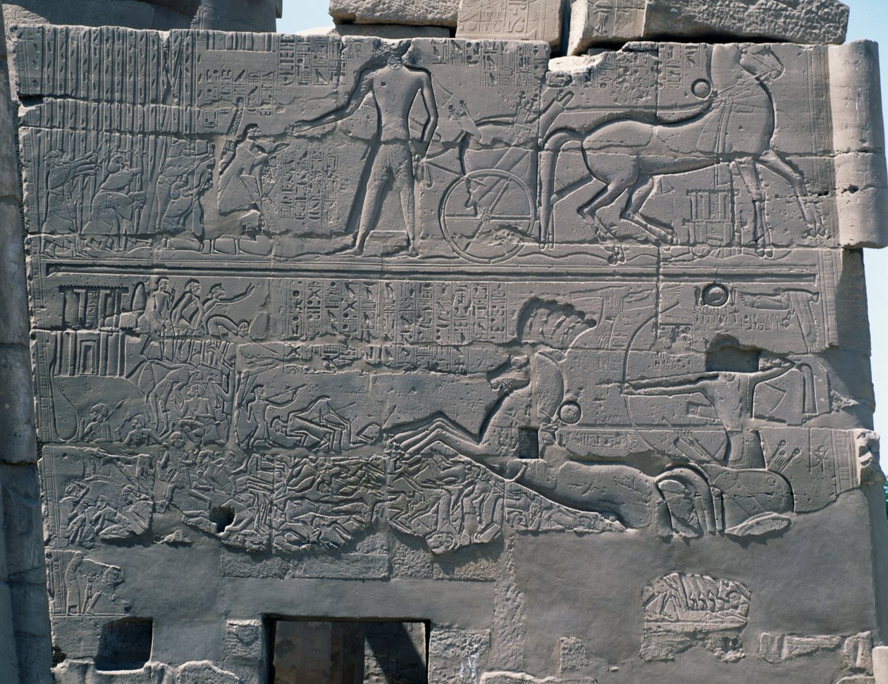 Seti I:n taistelu Palestiinaa vastaan, helpotus, Great Hypostyle Hallin itäinen ulkoseinä, Karnakin temppelikompleksi (Unescon maailmanperintöluettelo polish autorstwa Egyptian 19th Dynasty