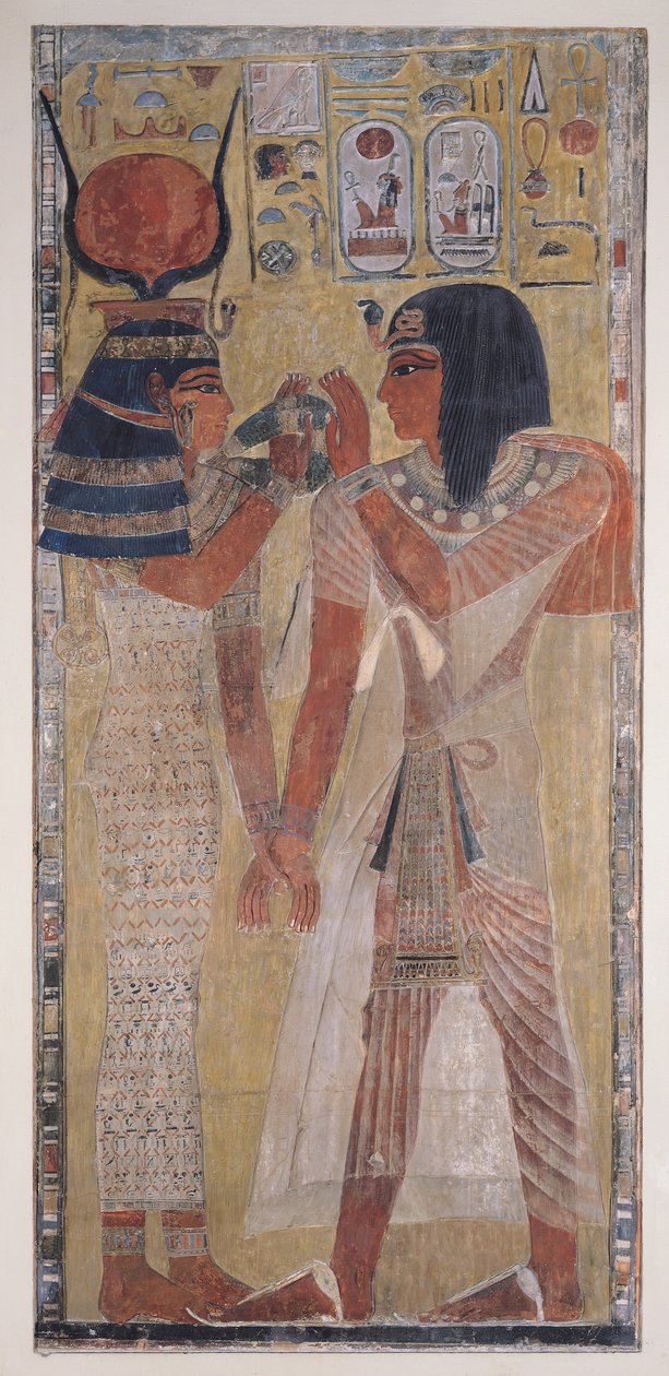 Bogini Hathor umieszczająca magiczny kołnierz na Seti I (ok. 1394-1279 pne), zabrana z grobowca Setiego I w Dolinie Królów, Nowe Królestwo (malowana płaskorzeźba wapienna) autorstwa Egyptian 19th Dynasty