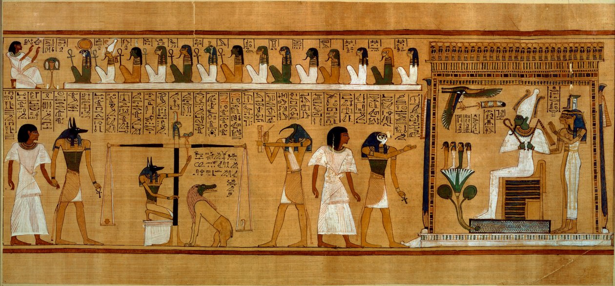 Ważenie Serca z Piórem Prawdy, z Księgi Umarłych królewskiego skryby Hunefera, Nowe Królestwo, ok. 1275 p.n.e. (papirus) autorstwa Egyptian 19th Dynasty
