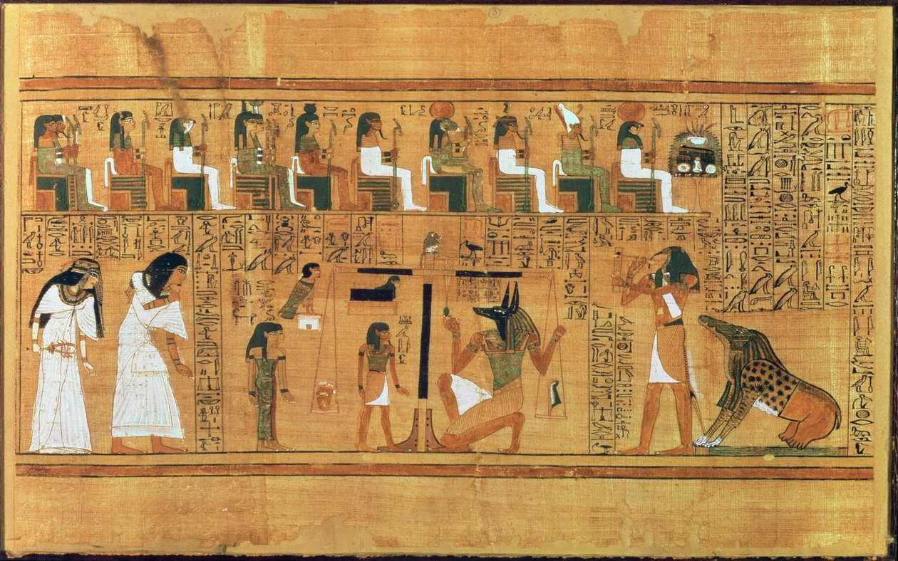 Ważenie serca z piórem prawdy, z Księgi umarłych pisarza Any, ok. 1250 pne (malowany papirus) autorstwa Egyptian 19th Dynasty