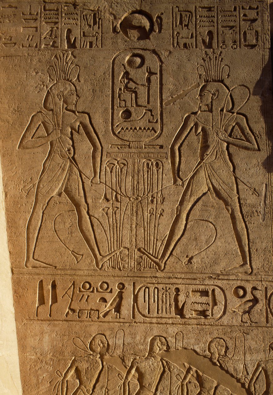 Unia Górnego i Dolnego Egiptu oraz kartusz faraona, płaskorzeźba na podstawie tronów, Świątynia Ramzesa II, Abu Simbel, Egipt, Nowe Państwo, XIX dynastia autorstwa Egyptian 19th Dynasty