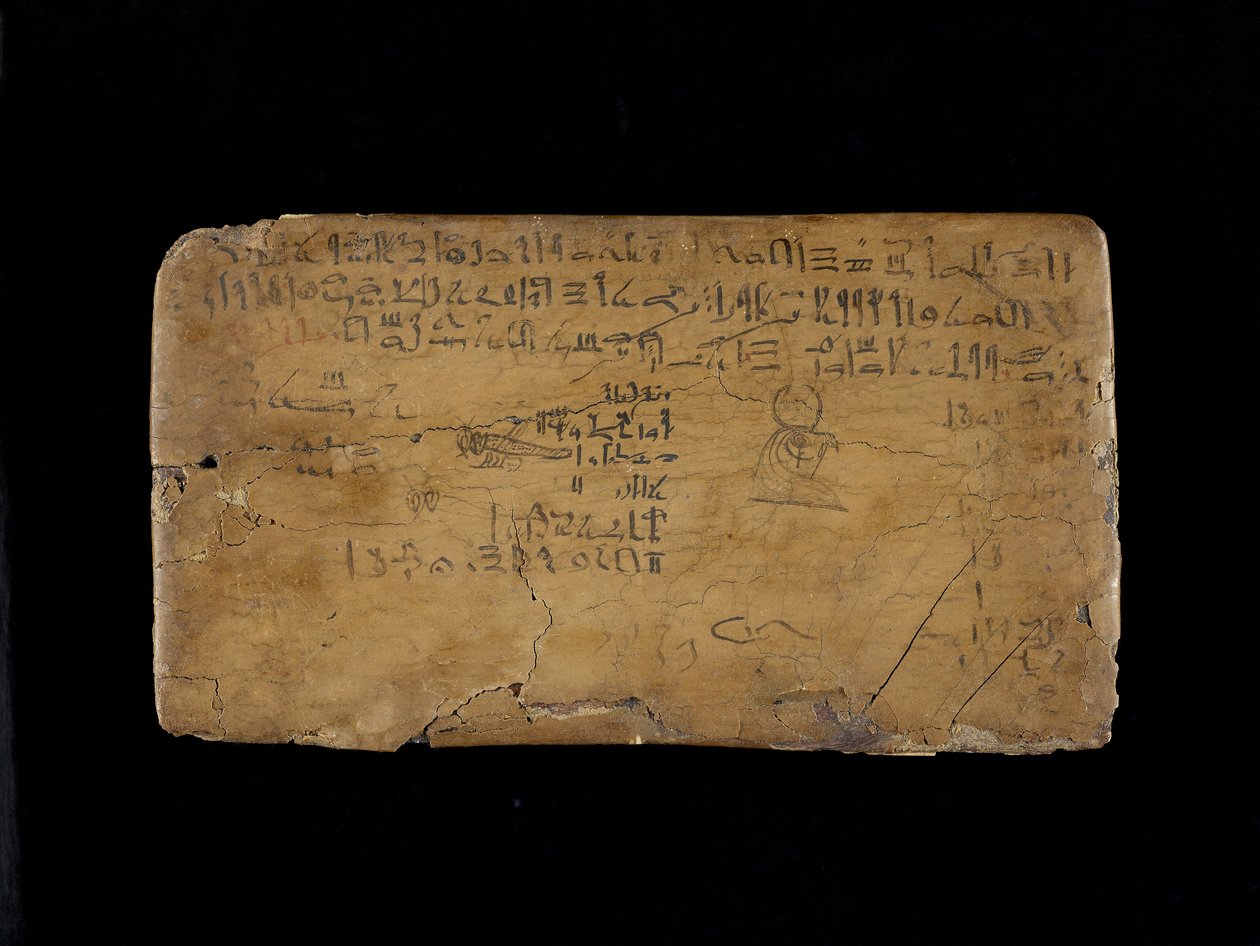 Tablica do pisania z liniami od Hymnu do Nilu Flood drewno, zaprawa, len i atrament autorstwa Egyptian 19th Dynasty