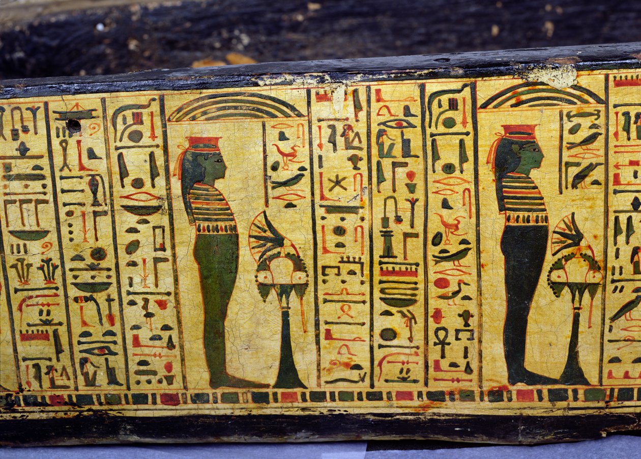 Szczegół zewnętrznej podstawy trumny mumii Nesyamona, prawdopodobnie znaleziony w Deir El-Bahri, Nowe Królestwo, ok. 1100 pne (malowane drewno) autorstwa Egyptian 20th Dynasty