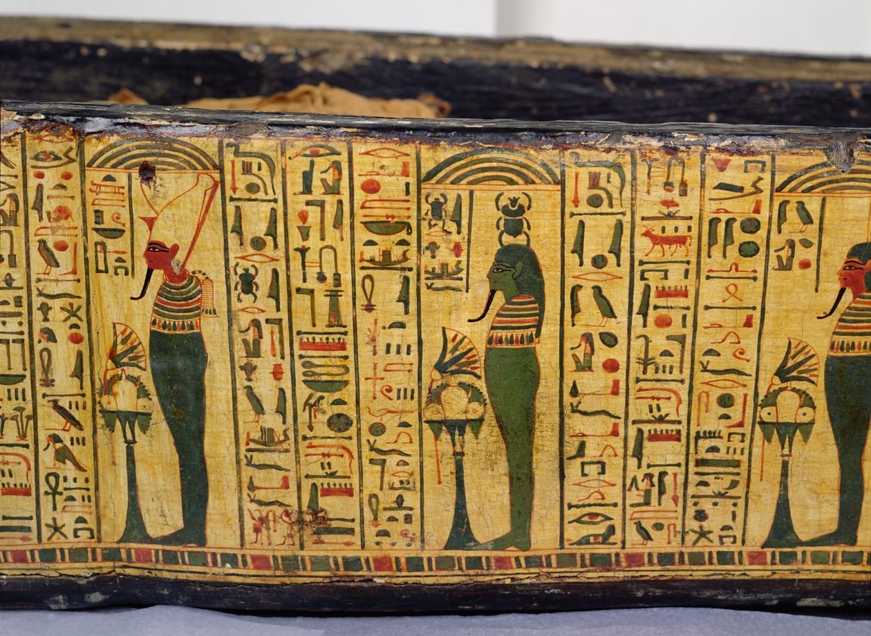 Szczegół zewnętrznej podstawy trumny mumii Nesyamona, prawdopodobnie znaleziony w Deir El-Bahri, Nowe Królestwo, ok. 1100 pne (malowane drewno) autorstwa Egyptian 20th Dynasty