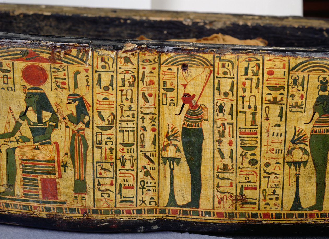 Szczegół zewnętrznej podstawy trumny mumii Nesyamona, prawdopodobnie znaleziony w Deir El-Bahri, Nowe Królestwo, ok. 1100 pne (malowane drewno) autorstwa Egyptian 20th Dynasty