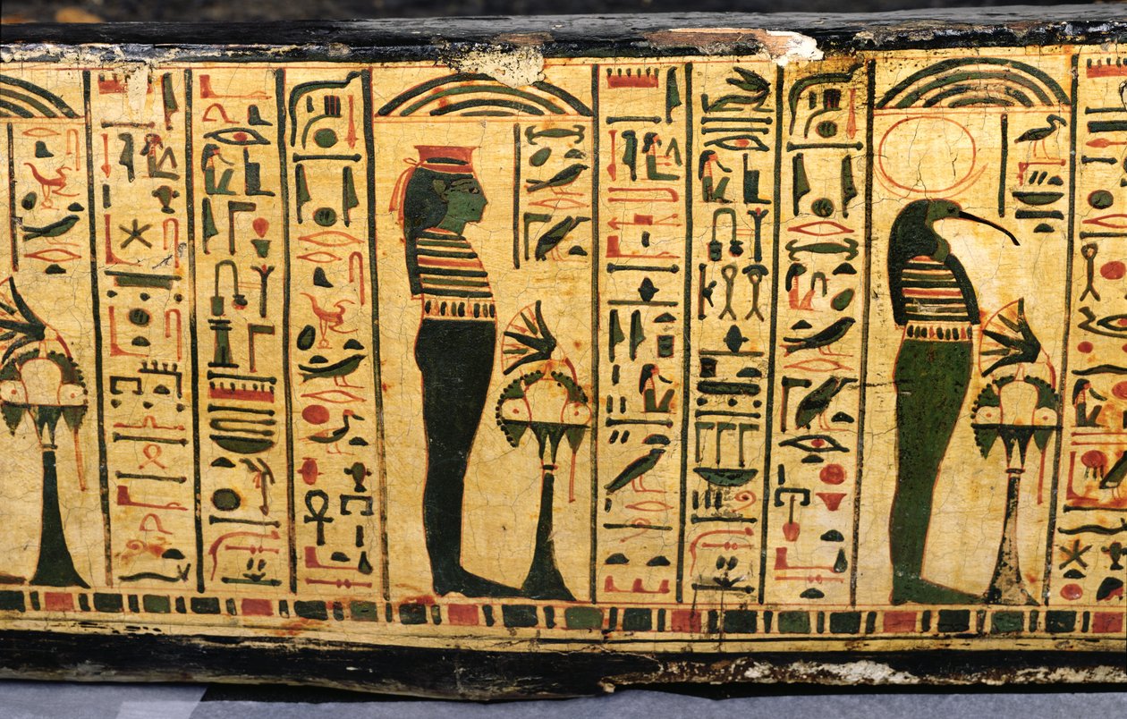Szczegół zewnętrznej podstawy trumny mumii Nesyamona, prawdopodobnie znaleziony w Deir El-Bahri, Nowe Królestwo, ok. 1100 pne (malowane drewno) autorstwa Egyptian 20th Dynasty