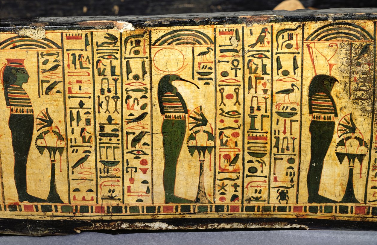 Szczegół zewnętrznej podstawy trumny mumii Nesyamona, prawdopodobnie znaleziony w Deir El-Bahri, Nowe Królestwo, ok. 1100 pne (malowane drewno) autorstwa Egyptian 20th Dynasty