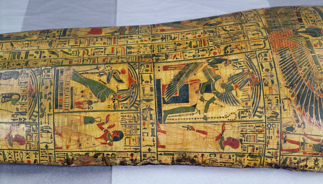 Fragment zewnętrznej pokrywy trumny mumii Nesyamona, prawdopodobnie znalezionej w Deir El-Bahri, Nowe Królestwo, ok. 1100 pne (malowane drewno) autorstwa Egyptian 20th Dynasty