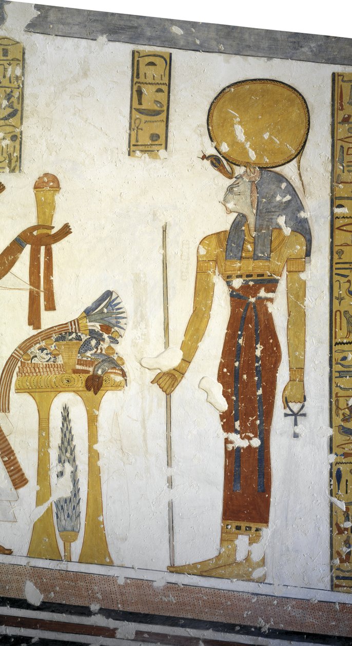 Egipt, Teby, Luksor, Dolina Królów, grób księcia Mentuherchepeszefa, malowidło ścienne przedstawiające bogini Bastet z głową kota, XX dynastia autorstwa Egyptian 20th Dynasty