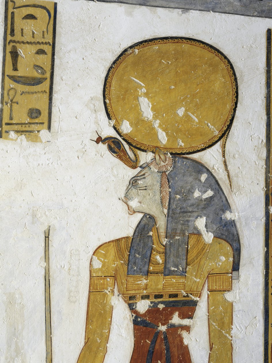 Egipt, Teby, Luksor, Dolina Królów, grób księcia Mentuherchepeszefa, malowidło ścienne przedstawiające bogini Bastet z głową kota, XX dynastia autorstwa Egyptian 20th Dynasty