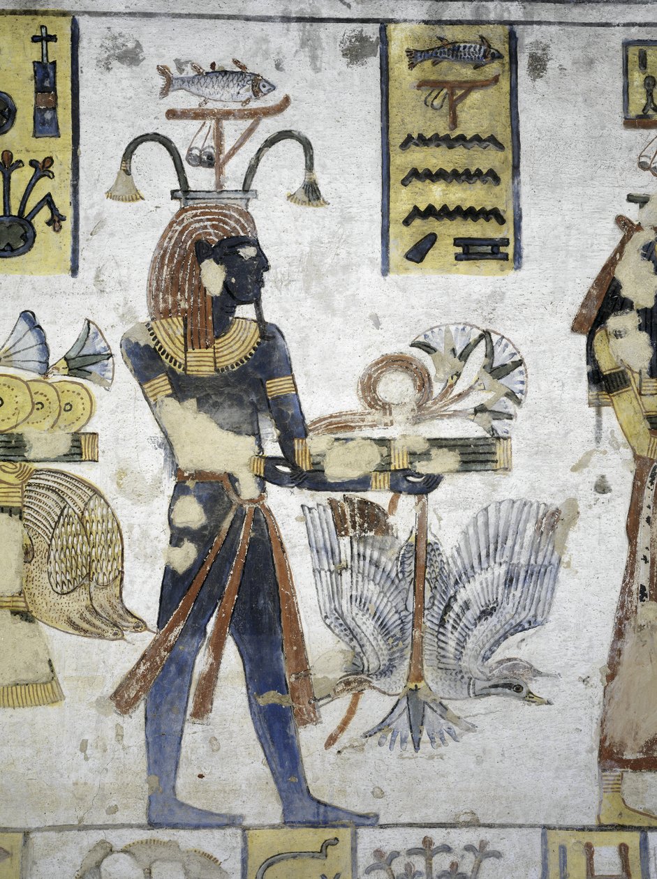 Egipt, Teby, Luksor, Dolina Królów, Grób Ramzesa III, malowidło ścienne przedstawiające ofiary rytualne, z XX dynastii autorstwa Egyptian 20th Dynasty