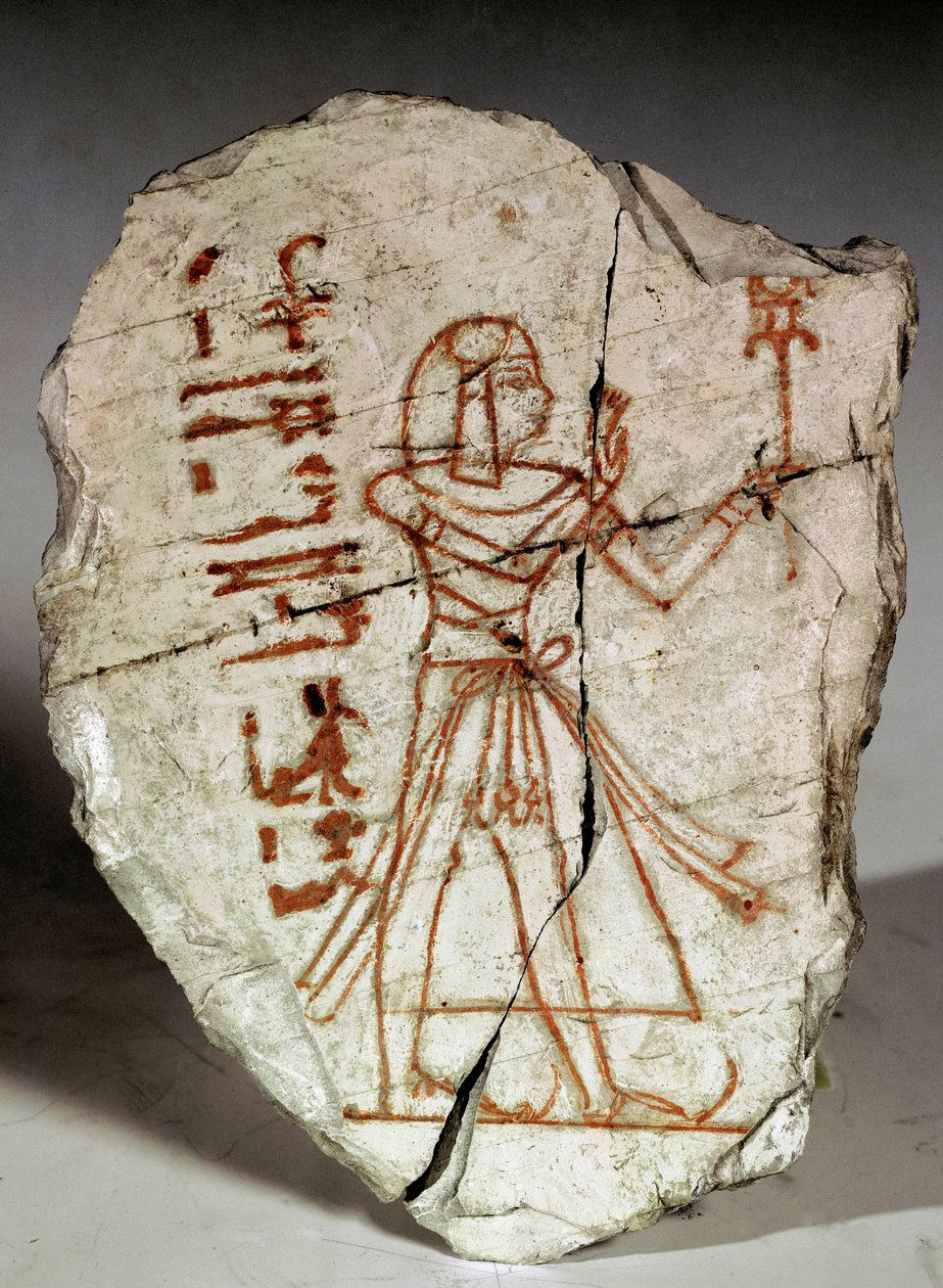 Starożytność egipska: ostrakon (lub ostracon) (liczba mnoga: ostraca lub ostraka) (odłamek ceramiki używany do notatek, rysunków...) przedstawiający księżniczkę okresu Ramessydów (XIX-XX dynastia). 1100 pne. Turyn, muzeum egipskie - Starożytny Egipt: ostra autorstwa Egyptian 20th Dynasty
