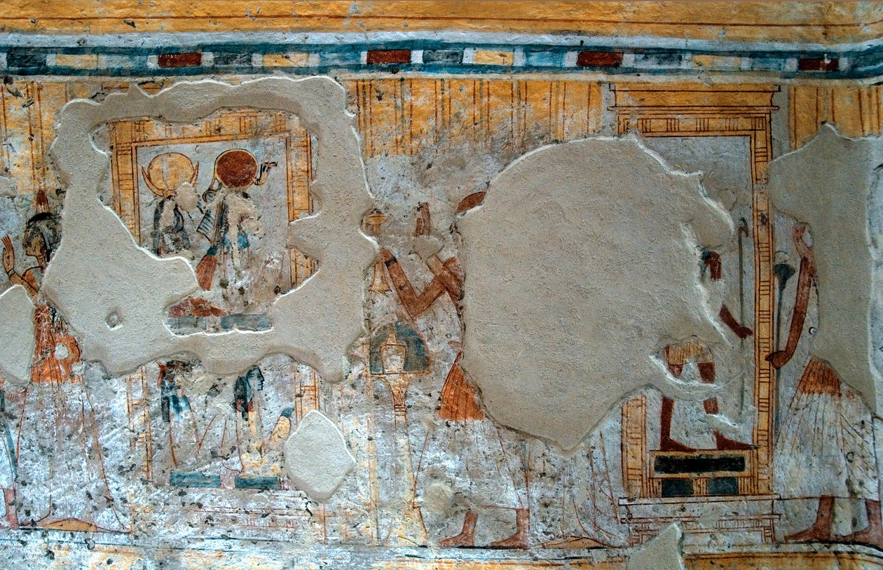Starożytność egipska: przedstawienie Shuroya i jego żony czczących boga Thota i boginię Ra. Malowanie grobowca Shuroy autorstwa Egyptian 20th Dynasty