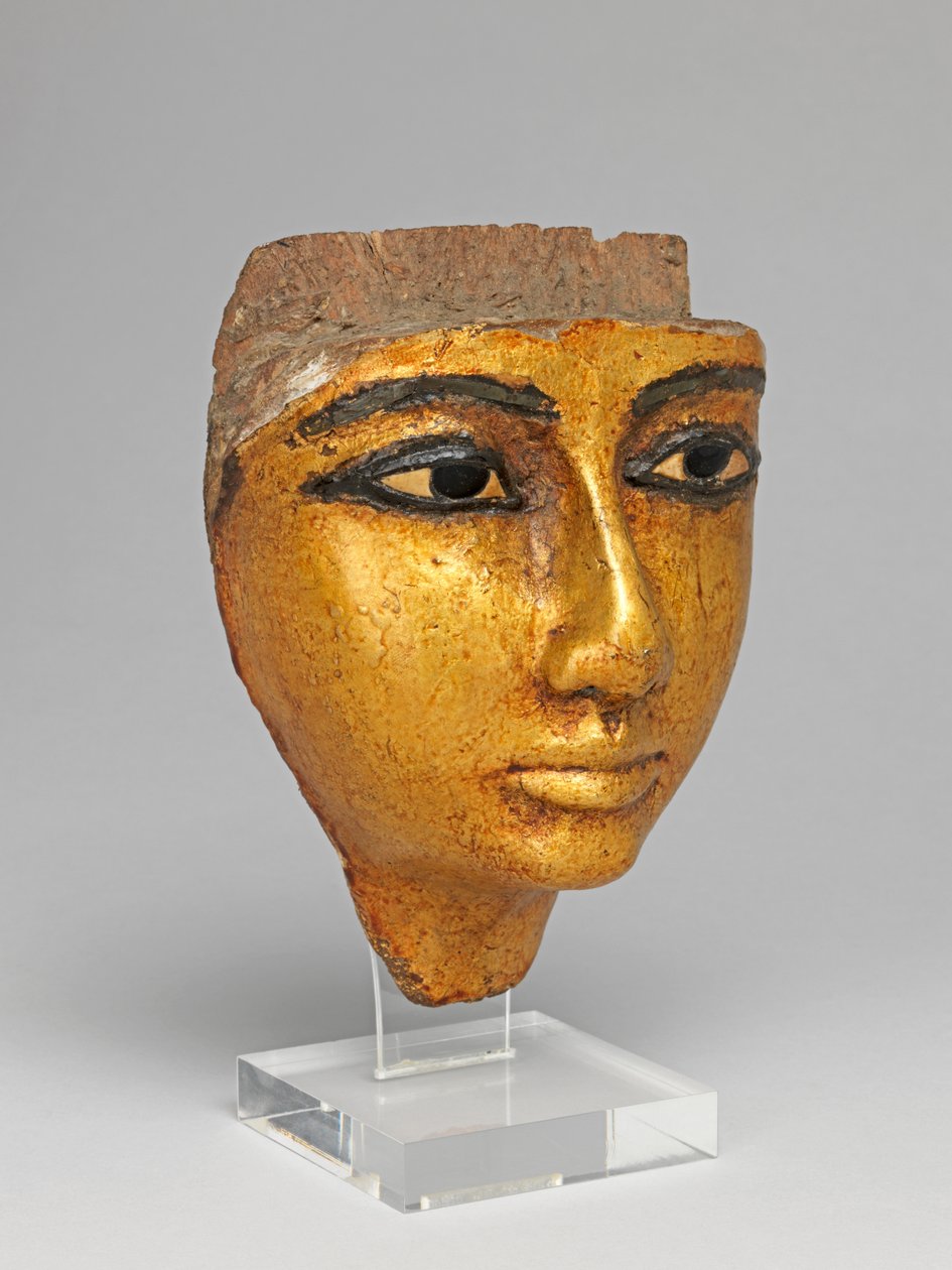 Twarz z trumny, z inkrustowanymi oczami i brwiami, złocona autorstwa Egyptian 20th Dynasty