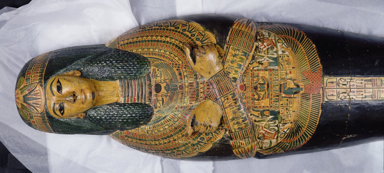 Wewnętrzna pokrywa mumii Nesyamona, prawdopodobnie znaleziona w Deir El-Bahri, Nowe Królestwo, ok. 1100 pne (malowane drewno) (detal z 308052) autorstwa Egyptian 20th Dynasty