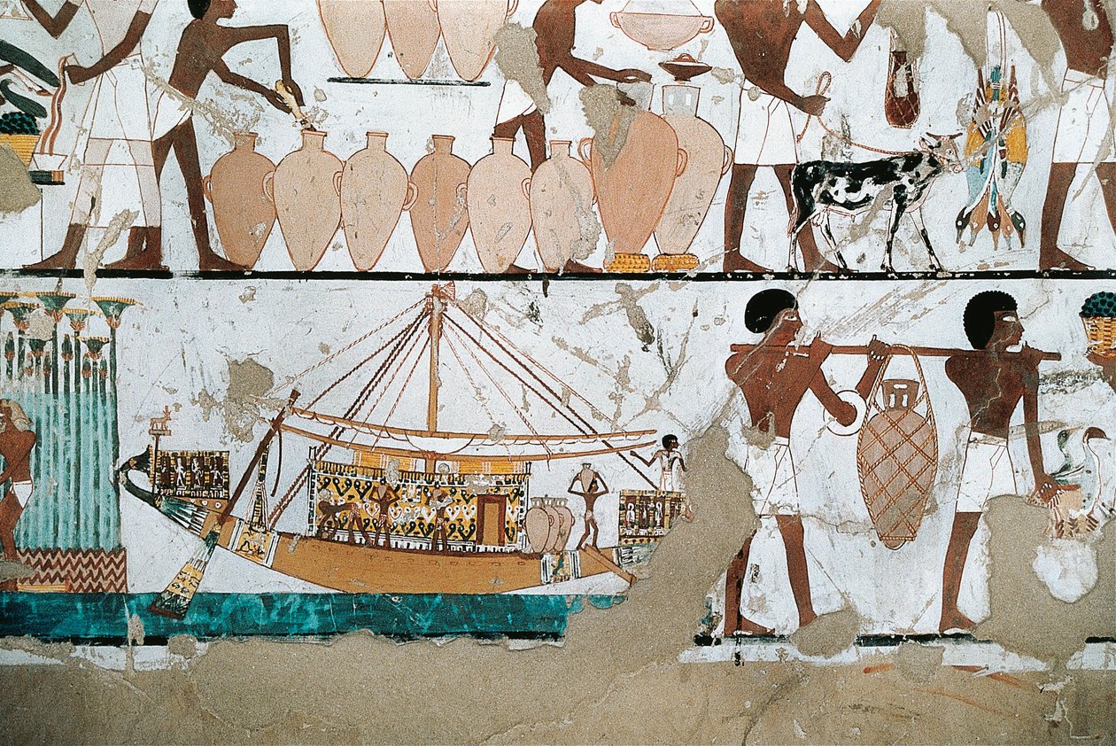 Malowidło ścienne przedstawiające scenę przewozu wina na łodzi, z Nowego Królestwa autorstwa Egyptian 20th Dynasty