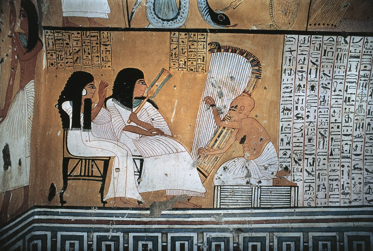 Malowidło ścienne przedstawiające zmarłego Khai-Inherkhę i żonę obserwującą niewidomego harfistę autorstwa Egyptian 20th Dynasty