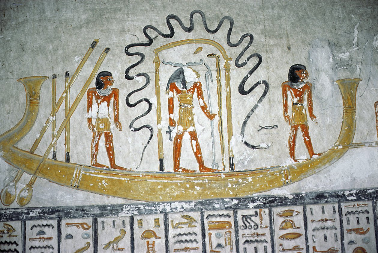 Re in the Night Boat, z grobowca Ramzesa VI, Nowe Królestwo (ok.1145-1137 pne) (malowidło ścienne) autorstwa Egyptian 20th Dynasty