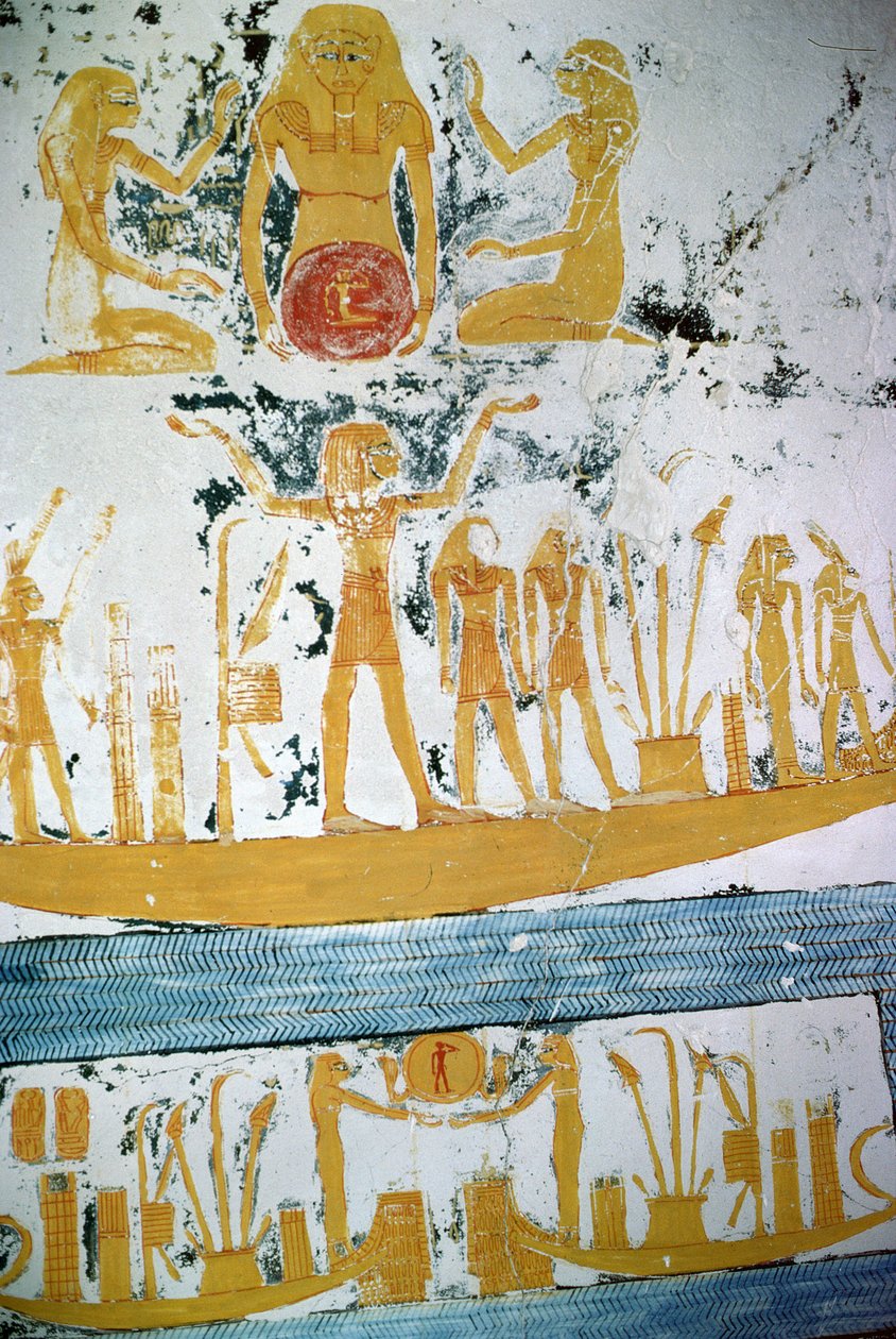 Re in the Night Boat, z grobowca Ramzesa VI, Nowe Królestwo (ok.1145-1137 pne) (malowidło ścienne) autorstwa Egyptian 20th Dynasty
