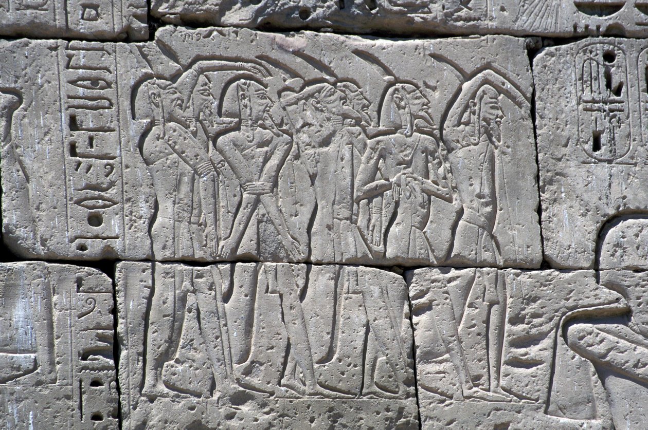 Płaskorzeźba przedstawiająca więźniów Północy w bitwie pod Ramzesem III, Wielka Świątynia Medinet autorstwa Egyptian 20th Dynasty