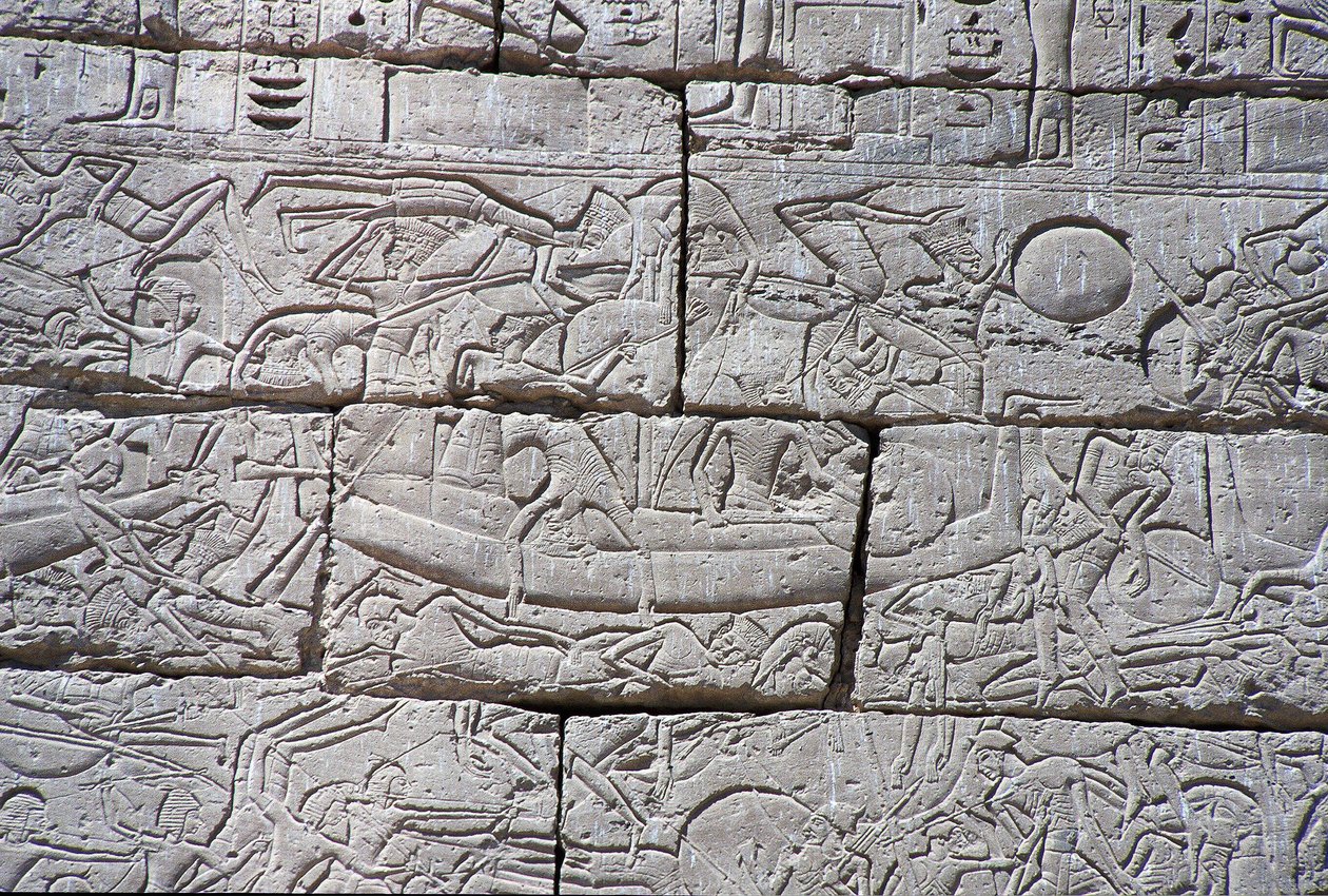 Ludzie morza, bitwa morska pod Ramzesem III, Medinet Habu, 1195-64 pne autorstwa Egyptian 20th Dynasty
