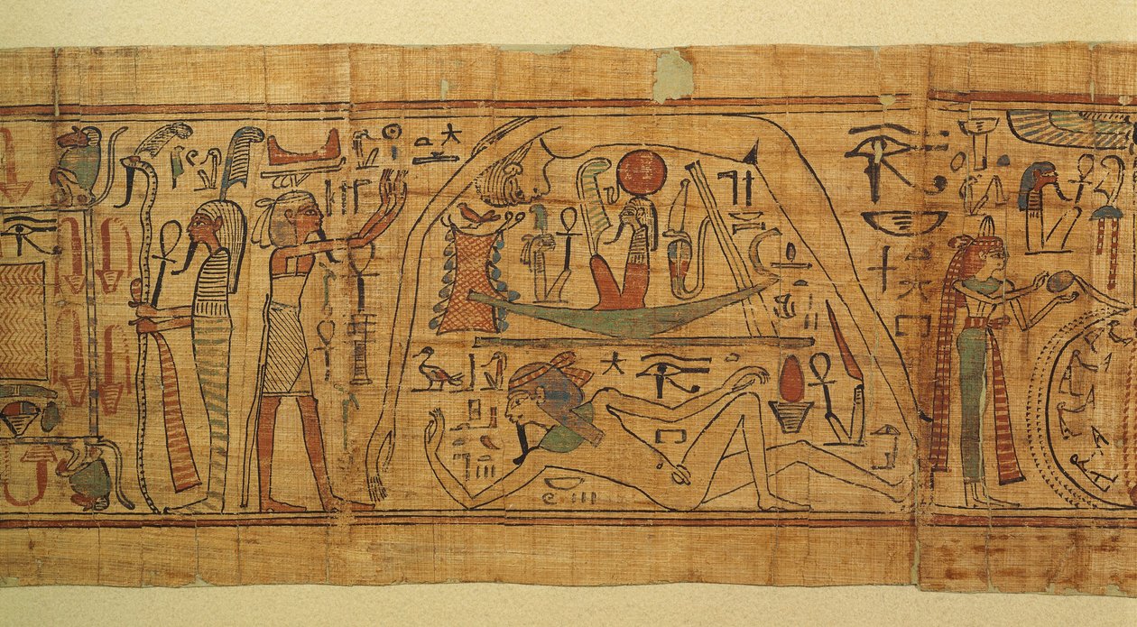 Księga mitologicznych obrazów Nespakachuty, oddzielenie nieba od ziemi łodzią słoneczną autorstwa Egyptian 21st Dynasty