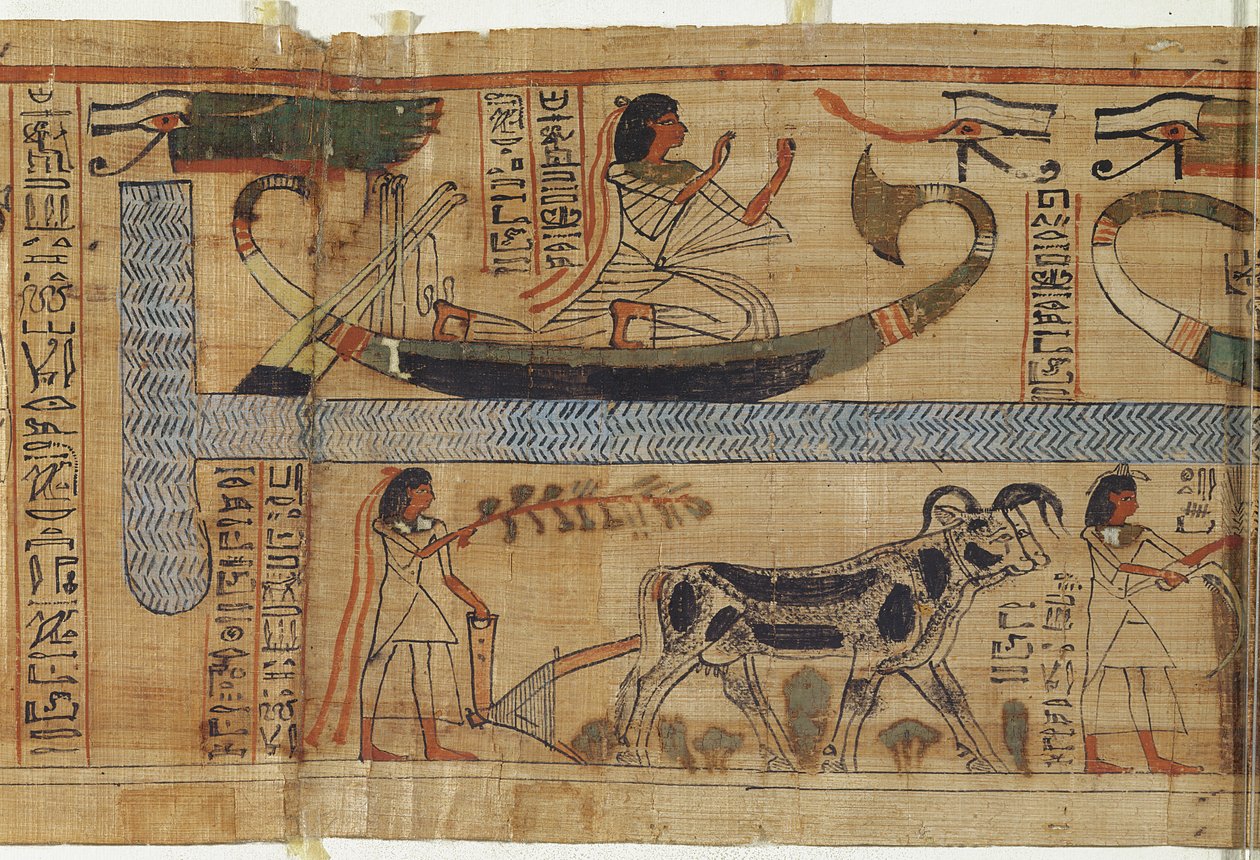 Fragment Księgi Umarłych księdza Aha-Mera przedstawiający barkę i scenę rolniczą, III Okres Przejściowy (papirus) autorstwa Egyptian 21st Dynasty
