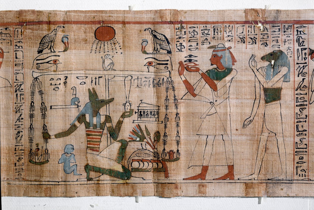 Starożytności egipskie: psychostazja (ważenie dusz). papirus Księgi Umarłych. Papirus XXI dynastii autorstwa Egyptian 21st Dynasty