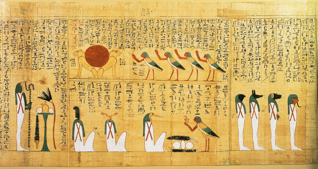 Mitologiczny papirus Imenemsaufa, głównego nosiciela Amona. Szczegół: hymn do słońca przedstawiony jako dwa lwy autorstwa Egyptian 22nd Dynasty