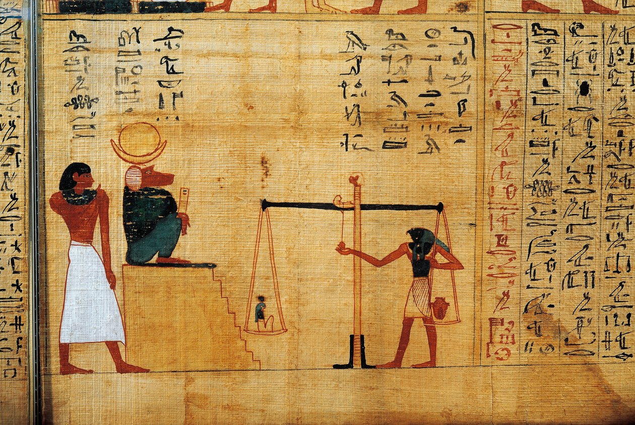 Mitologiczny papirus Imenemsaufa, głównego nosiciela Amona. Szczegół: ważenie duszy przed bogiem pawianem Thotem autorstwa Egyptian 22nd Dynasty