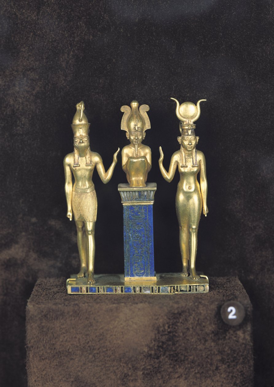 Ozyrys, Horus, Izyda: Triada Osorkona II, panowanie Osorkona II, ok. 874-850 pne (złoto, lapis lazuli i szkło) autorstwa Egyptian 22nd Dynasty
