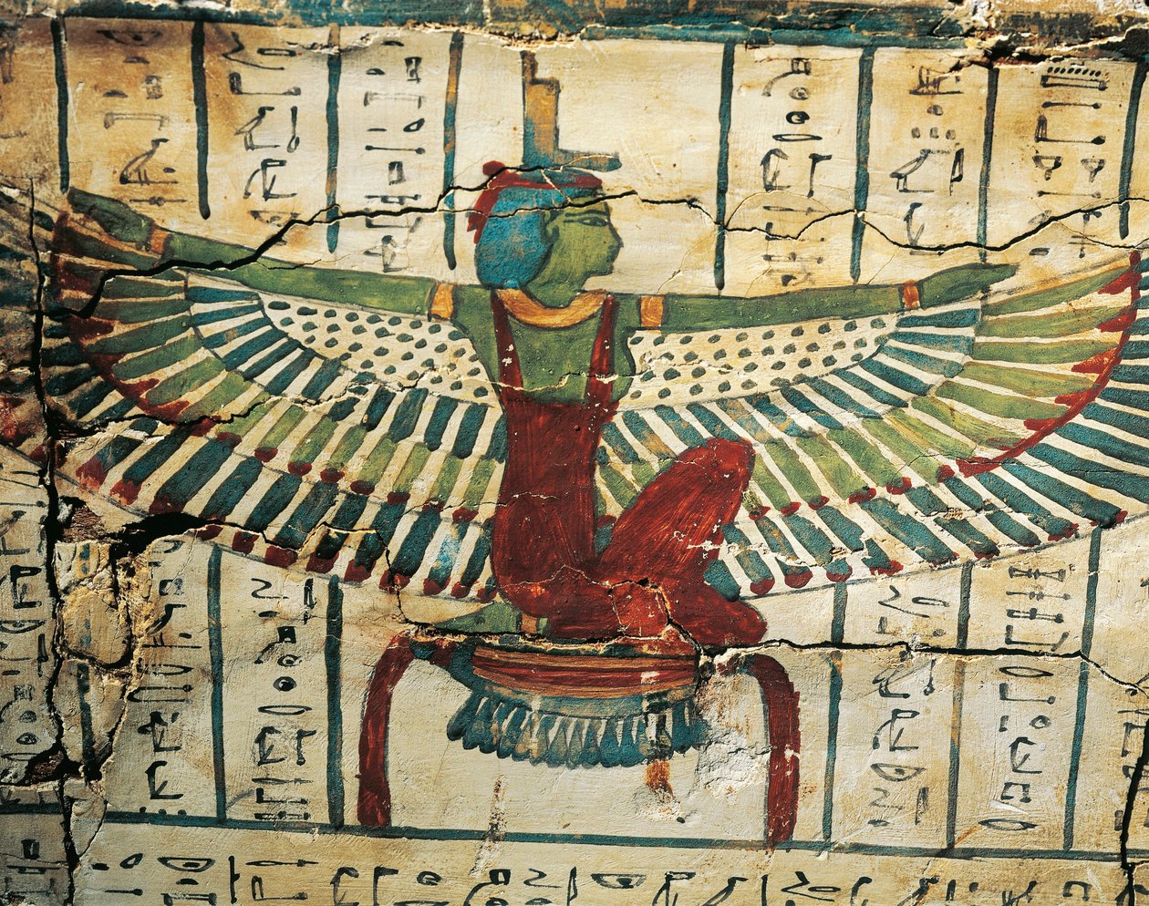 Malowane, lakierowane drewno, przedstawiające Boginię Izydę z rozpostartymi skrzydłami, na Sarkofagu Cesrapereta z Teb Zachodnich autorstwa Egyptian 25th Dynasty