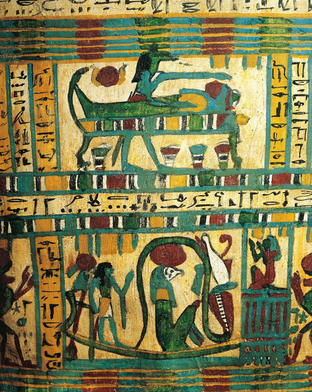 Otynkowane i pomalowane drewno przedstawiające boga Anubi chroniącego mumię zmarłego oraz łódź słoneczną z bogiem Ra, z Sarkofagu Usai, Teby autorstwa Egyptian 26th Dynasty