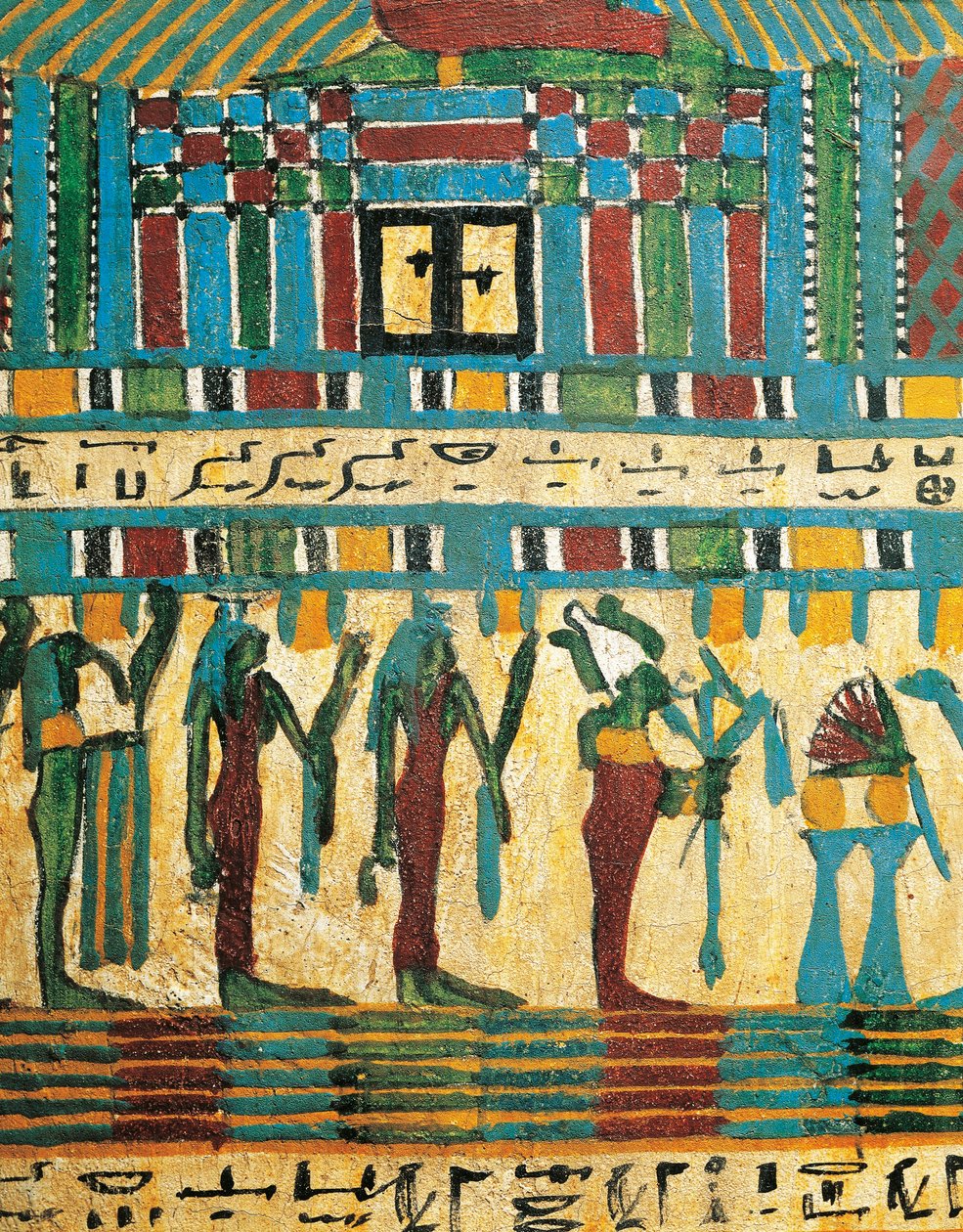 Otynkowany i malowany detal panelu drewnianego przedstawiający komorę sądową i boga Ozyrysa, a za nim bóstwa, z Sarkofagu w Usai w Tebach autorstwa Egyptian 26th Dynasty