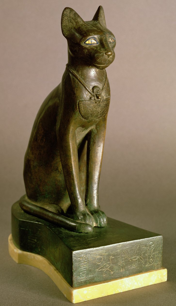 Statuetka kota przedstawiająca boginię Bastet, nosząca kartusz Psamtek I, Okres Saite, ok.664-610 (brąz i złoto) autorstwa Egyptian 26th Dynasty