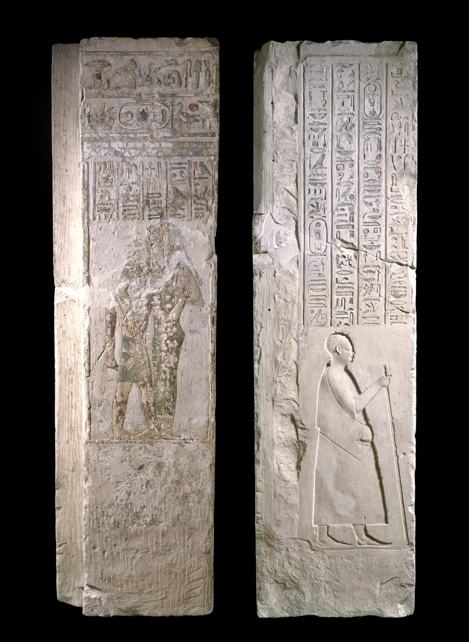 Ościeżnica przedstawiająca króla Nektanebo I pielęgnowanego przez Hathor, 380-343 pne, okres późny (wapień) autorstwa Egyptian 30th Dynasty
