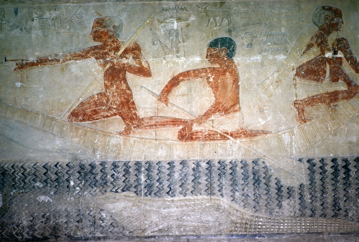 Rybacy i krokodyl z północnej ściany kaplicy Mastaba w Ti, Stare Państwo (malowidło ścienne) autorstwa Egyptian 5th Dynasty