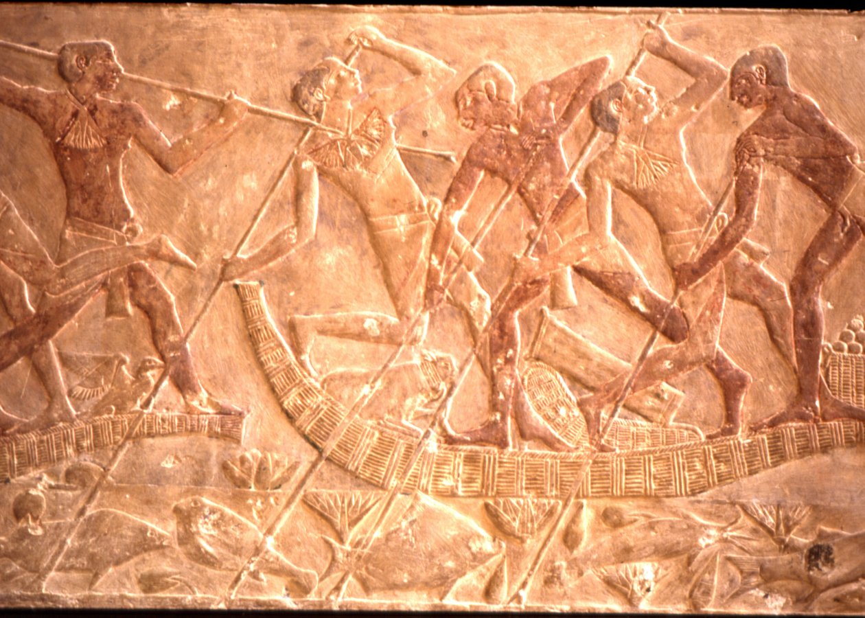 Mężczyźni przebijający ryby z łodzi papirusowej, grobowiec Ptah-Hotep, V dynastia (zdjęcie) autorstwa Egyptian 5th Dynasty