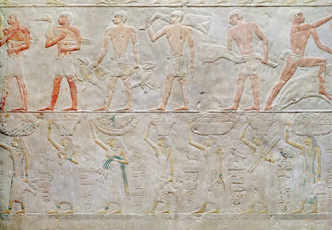 Relief przedstawiający ludzi niosących ofiary z żywności, z Mastaby Achetotepa, Stare Królestwo, ok. 2400 pne (malowany wapień) autorstwa Egyptian 5th Dynasty