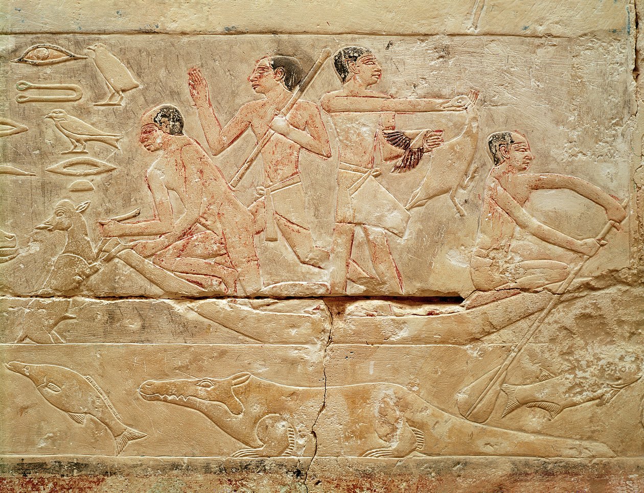 Relief przedstawiający mężczyzn w łodzi, z grobowca księżniczki Idut, Stare Państwo, ok. 2330 pne (malowany wapień) autorstwa Egyptian 6th Dynasty