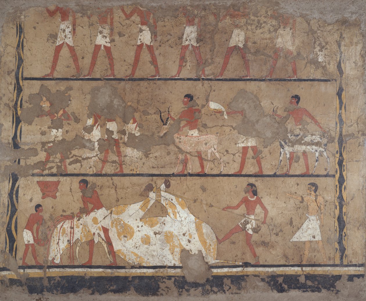 Sceny hodowli bydła, rzezi, składania ofiar i ofiar, Grobowiec Iti i Neferu (mural) autorstwa Egyptian 6th Dynasty