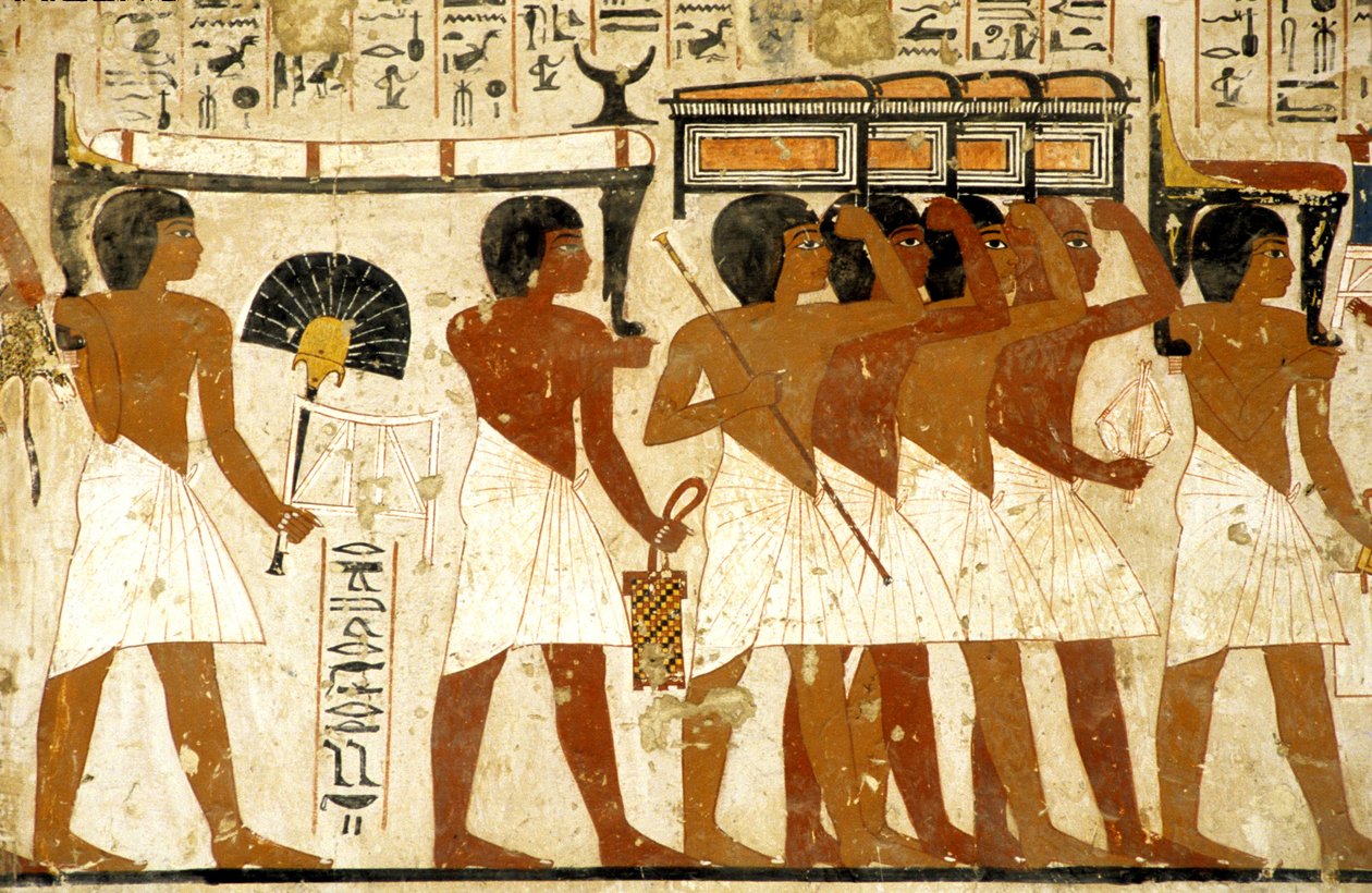 Starożytny Egipt, Malowidło, Procesja pogrzebowa, Grobowiec Ramose, Mężczyźni niosący skarb, Teby, Dolina Szlachetnych autorstwa Egyptian Egyptian