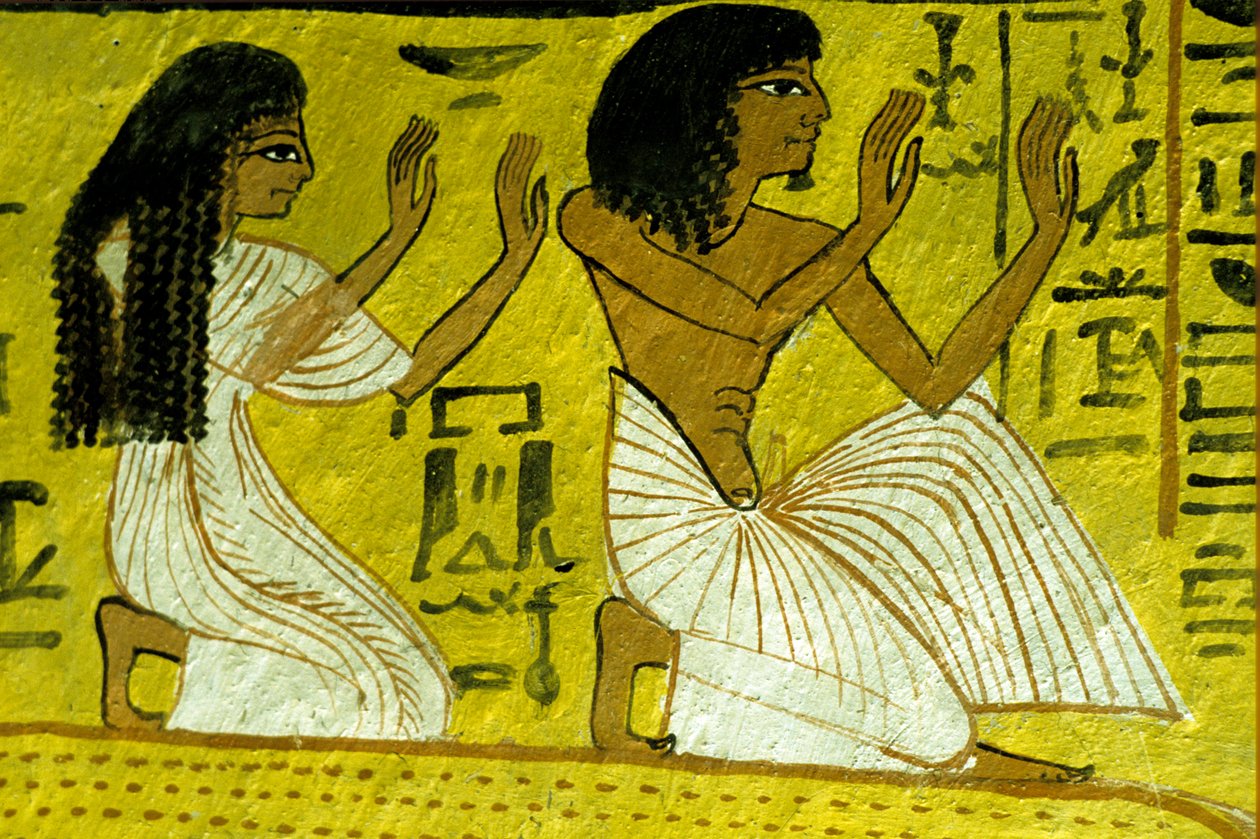 Starożytny Egipt, malowidło ścienne, Sennedżem i jego żona klęczący przed bogami, grobowiec Sennedżema, Teby, Deir el Medina autorstwa Egyptian Egyptian