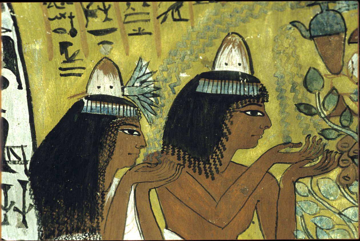 Starożytny Egipt, malowidło ścienne, Sennedżem i żona oddający cześć Izydzie na drzewie Persea, grobowiec Sennedżema, Teby, Deir el Medina autorstwa Egyptian Egyptian