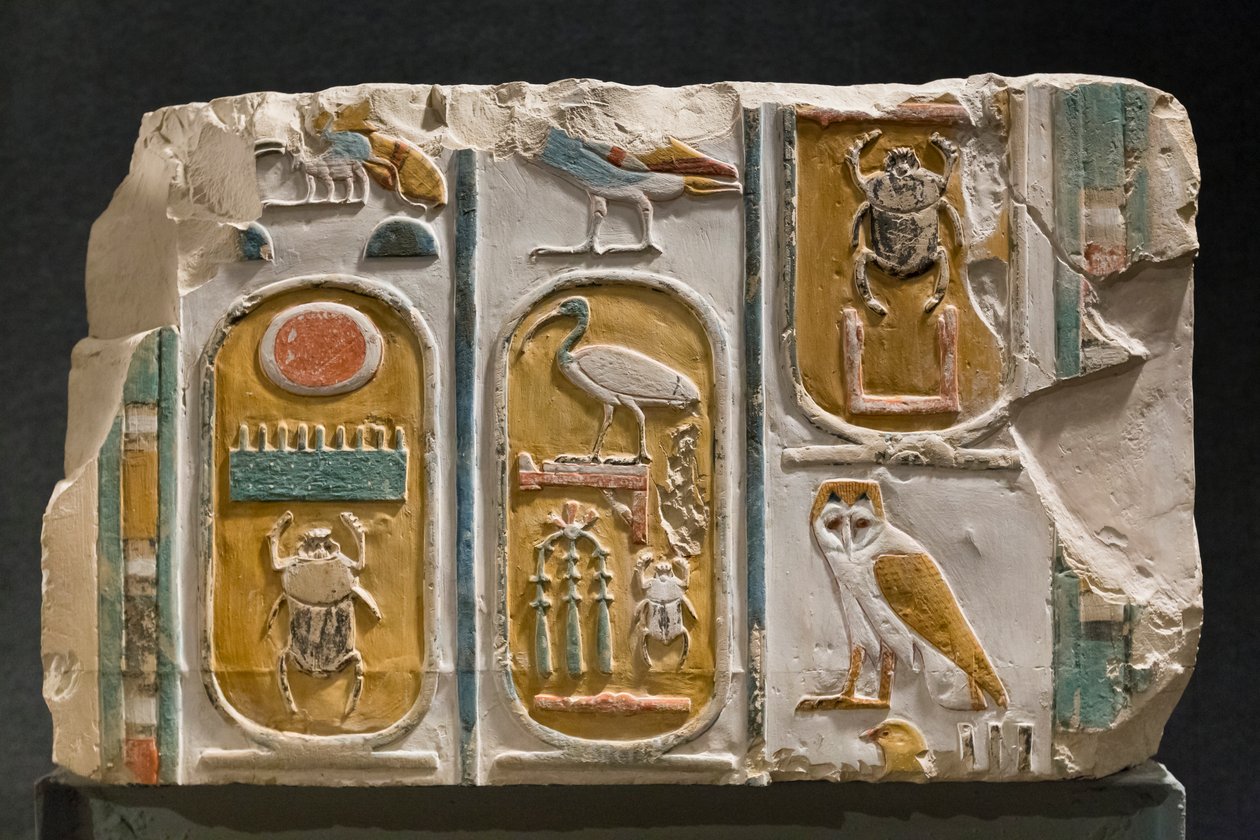 Rzeźbiona ściana przedstawiająca trzy kartusze króla Totmesa I i III autorstwa Egyptian Egyptian