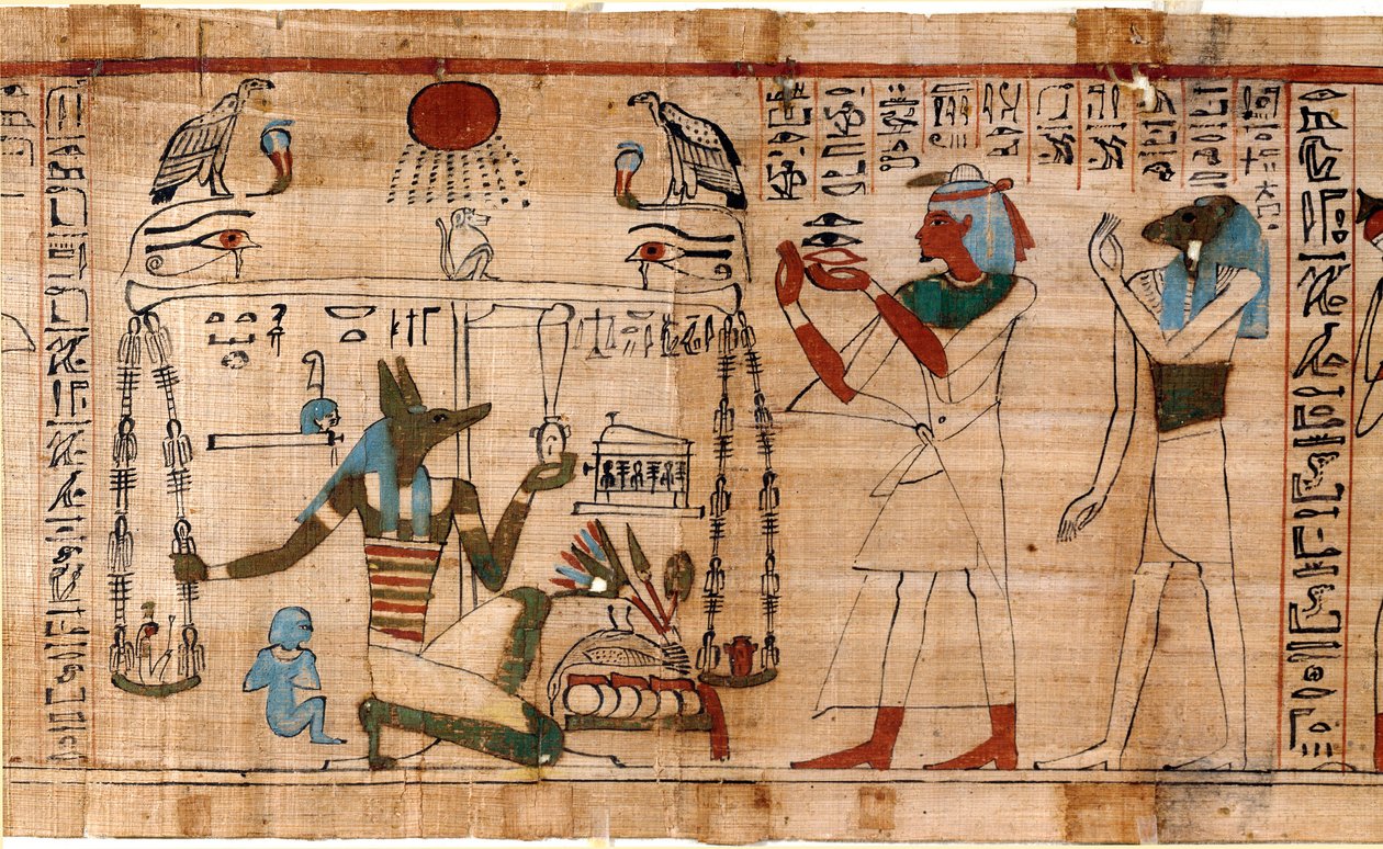 Starożytność egipska: ważenie duszy - Fragment Księgi Umarłych, papirus zachowany w Muzeum Egipskim w Turynie, Włochy autorstwa Egyptian Egyptian