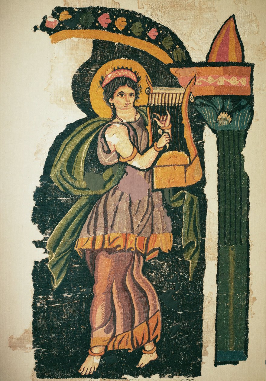 Kobieta grająca na lirze, V-VI wiek (tkana wełna) autorstwa Egyptian Egyptian