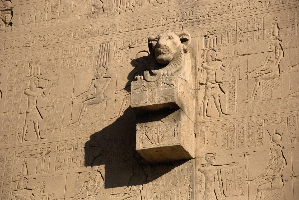 Egipski antyczny: gargulec z głową lwa, świątynia Hathor, Dendera, Egipt autorstwa Egyptian Ptolemaic Period