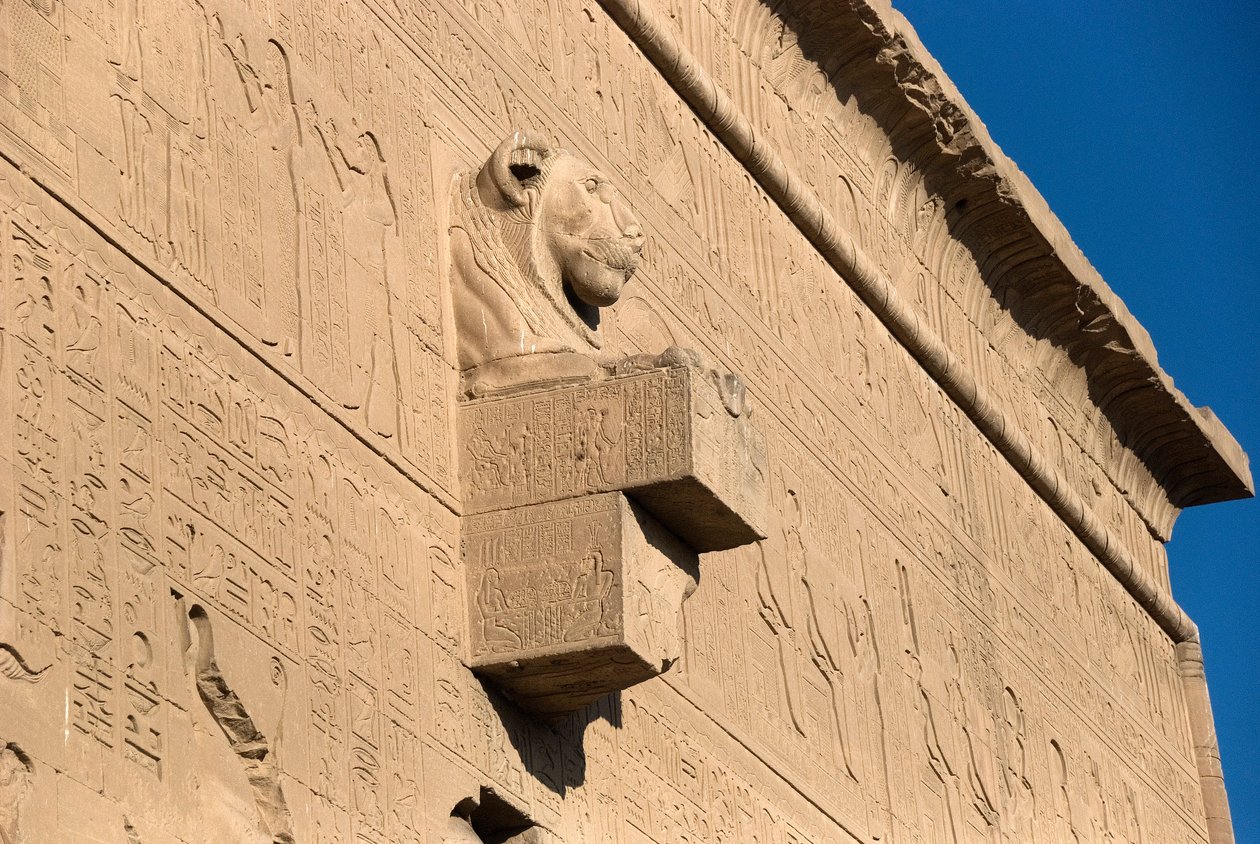 Egipski antyczny: gargulec z głową lwa, świątynia Hathor, Dendera, Egipt autorstwa Egyptian Ptolemaic Period