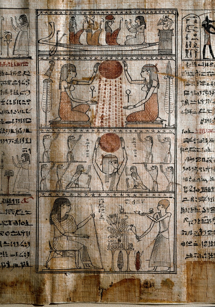 Starożytność egipska: symbolika słoneczna. papirus Księgi Umarłych. Okres ptolemejski. Turyn, Muzeum Egipskie - Starożytny Egipt: życiodajna moc słońca. Papirus z Księgi Umarłych. Okres ptolemejski. Muzeum Egipskie, Turyn, Włochy autorstwa Egyptian Ptolemaic Period